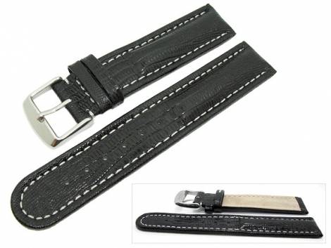 Watch band 20mm leather black teju grain white seam (width of buckle 20 mm) - Bild vergr��ern 