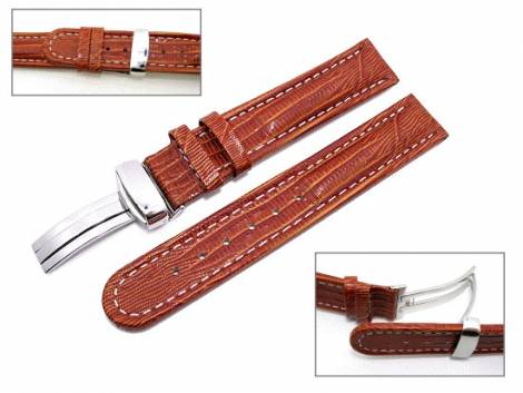 Watch band 22mm leather auburn teju grain white seam flip clasp (width of buckle 20 mm) - Bild vergr��ern 