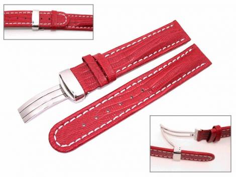 Watch band 22mm leather red teju grain white seam flip clasp (width of buckle 20 mm) - Bild vergr��ern 