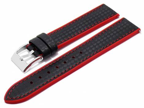 Meyhofer EASY-CLICK watch strap -Chadron- 22mm black/red leather/silicone carbon look (width of buckle 20 mm) - Bild vergrern 