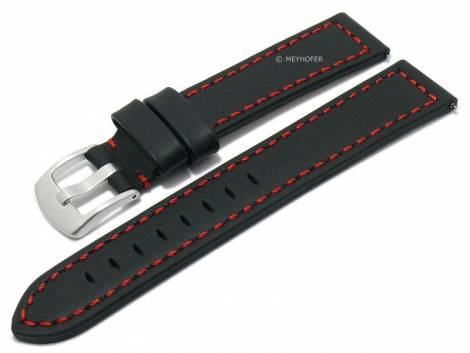 Meyhofer EASY-CLICK watch strap -Antero Special- 20mm black leather aviator look red stitching (width of buckle 18 mm) - Bild vergrern 