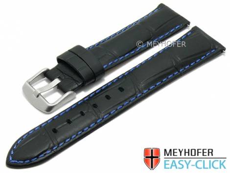 Meyhofer EASY-CLICK watch strap -Bahia Special- 22mm black leather allig. grain blue stitching (width of buckle 20 mm) - Bild vergr��ern 