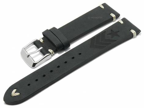 Meyhofer EASY-CLICK watch strap -Portland - Motif Army- 20mm black leather light stitching (width of buckle 18 mm) - Bild vergr��ern 