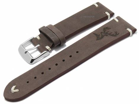 Meyhofer EASY-CLICK watch strap -Portland - Motif Deer- 22mm dark brown leather light stitching (width of buckle 20 mm) - Bild vergr��ern 