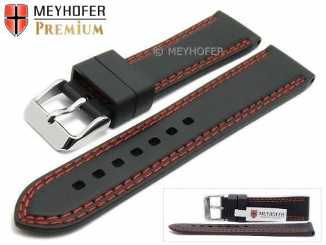 Watch strap -Calgary- 22mm black caoutchouc smooth red double stitching by MEYHOFER (width of buckle 20 mm) - Bild vergr��ern 