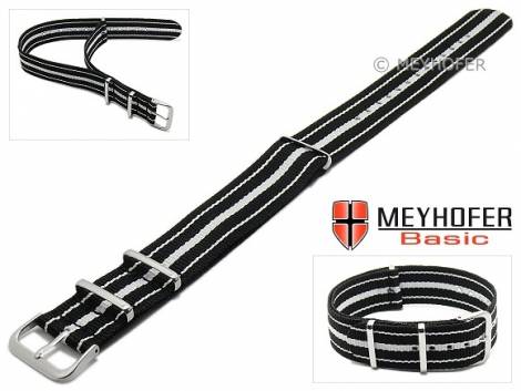 MEYHOFER Basic watch strap -Abilene- 22mm black synthtic/textile white stripes 3 metal loops one-piece strap - Bild vergr��ern 