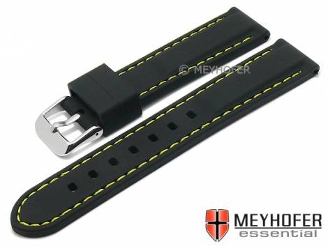 Watch strap -Brossard Fashion- 20mm black silicone smooth matt yellow stitching by MEYHOFER (width of buckle 18 mm) - Bild vergr��ern 