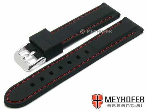 Watch strap -Brossard Fashion- 18mm black silicone smooth matt red stitching by MEYHOFER (width of buckle 16 mm) - Bild vergr��ern 