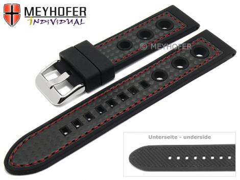 Watch strap -Tulsa- 24mm black silicone carbon optics racing look red stitching by MEYHOFER (width of buckle 22 mm) - Bild vergr��ern 