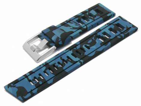 Watch strap -Boise- 24mm blue/black camouflage silicone smooth matt with holes by MEYHOFER (width of buckle 24 mm) - Bild vergr��ern 
