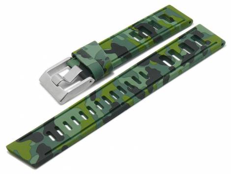 Watch strap -Boise- 22mm green/black camouflage silicone smooth matt with holes by MEYHOFER (width of buckle 22 mm) - Bild vergrern 