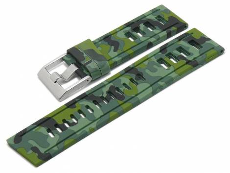Watch strap -Boise- 24mm green/black camouflage silicone smooth matt with holes by MEYHOFER (width of buckle 24 mm) - Bild vergr��ern 