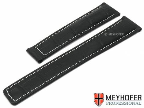 Watch strap -Alderney- 22mm black leather alligator grain light stitching for clasp by MEYHOFER (width of buckle 18 mm) - Bild vergr��ern 