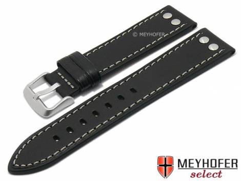 Watch strap -Farragut- 20mm black leather aviator look light stitching by MEYHOFER (width of buckle 18 mm) - Bild vergr��ern 