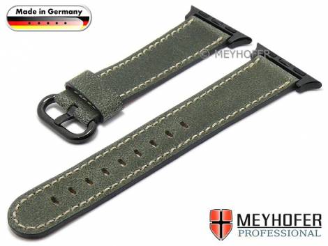Watch strap -Bebra BE- 20mm green leather smooth with APPLE adapter 38 mm by MEYHOFER (width of buckle 18 mm) - Bild vergr��ern 