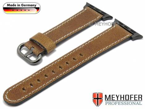Watch strap -Bebra GUN- 20mm brown leather smooth with APPLE adapter 38 mm by MEYHOFER (width of buckle 18 mm) - Bild vergr��ern 