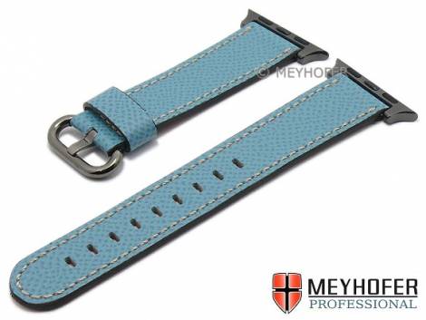 Watch strap -Sontra GUN- 22mm light blue leather grained with APPLE adapter 42 mm by MEYHOFER (width of buckle 20 mm) - Bild vergr��ern 