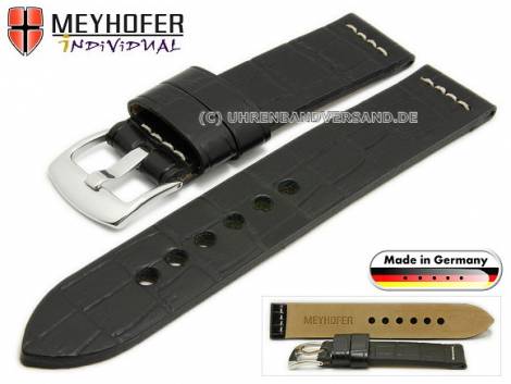 Watch strap -Kendall- 24mm black leather alligator grain light stitching by MEYHOFER (width of buckle 24 mm) - Bild vergr��ern 