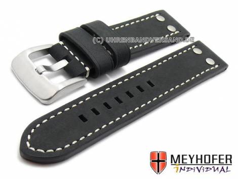 Watch strap -Meaford- 24mm black leather aviator look light stitching by MEYHOFER (width of buckle 24 mm) - Bild vergr��ern 