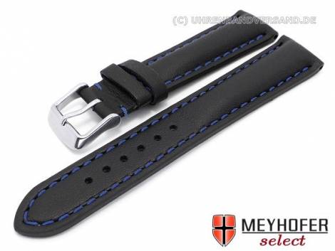 Watch strap -Rumford- 18mm black leather smooth matt blue stitching by MEYHOFER (width of buckle 16 mm) - Bild vergr��ern 