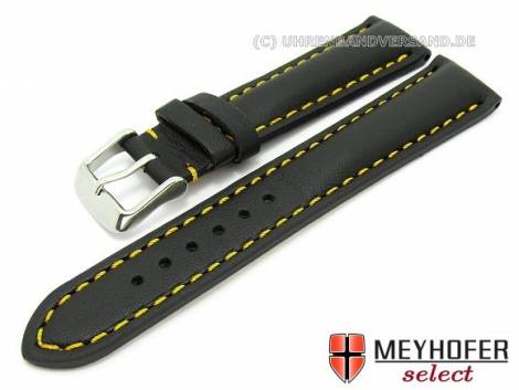 Watch strap -Rumford- 20mm black leather smooth matt yellow stitching by MEYHOFER (width of buckle 18 mm) - Bild vergr��ern 