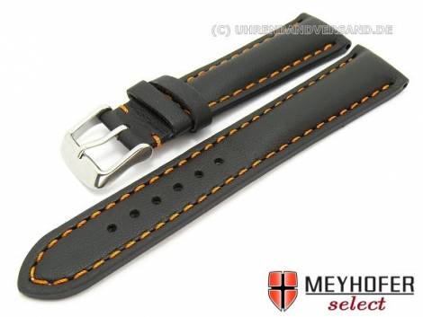 Watch strap -Rumford- 20mm black leather smooth matt orange stitching by MEYHOFER (width of buckle 18 mm) - Bild vergr��ern 