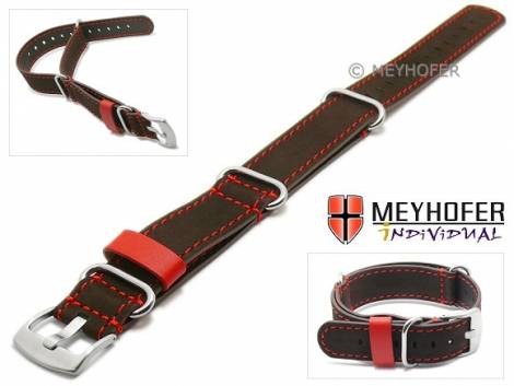 Watch strap -Lubbock- 24mm dark brown leather suede-like one-piece strap in NATO style with red stitching by MEYHOFER - Bild vergrern 