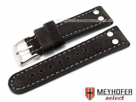 Watch strap XS -Treviso- 22mm black buffalo leather aviator look light stitching by MEYHOFER (width of buckle 20 mm) - Bild vergr��ern 