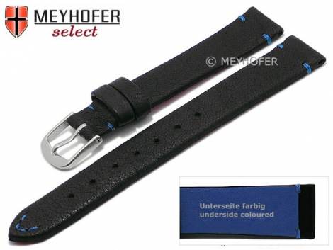 Watch strap -Wadena- 12mm black genuine elk leather grained blue stitching by MEYHOFER (width of buckle 10 mm) - Bild vergrern 