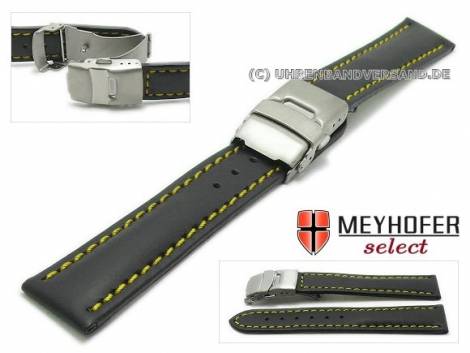 Watch strap -Milas- 24mm black with titanium clasp yellow stitching by MEYHOFER (width of clasp 22 mm) - Bild vergr��ern 
