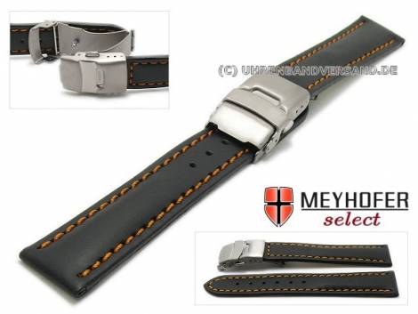 Watch strap -Milas- 24mm black with titanium clasp orange stitching by MEYHOFER (width of clasp 22 mm) - Bild vergr��ern 