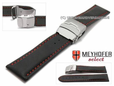 Watch strap -Penhold- 26mm black leather smooth clasp red stitching by MEYHOFER (width of clasp 24 mm) - Bild vergr��ern 