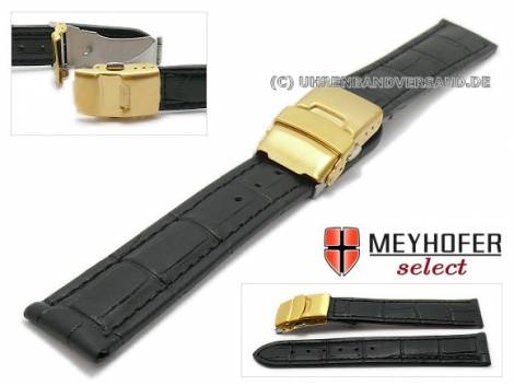 Watch strap -Renton- 24mm black leather alligator grain with golden clasp by MEYHOFER (width of clasp 22 mm) - Bild vergr��ern 