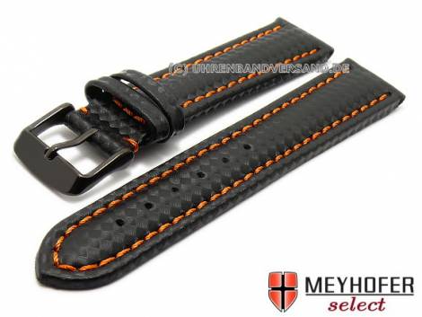 Watch strap -Sanary- 22mm black leather sporty carbon look orange stitching by MEYHOFER (width of buckle 20 mm) - Bild vergr��ern 