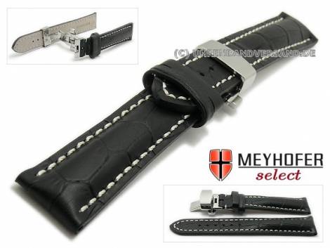 Watch strap -Layton- 20mm black leather alligator grain with butterfly clasp by MEYHOFER (width of clasp 18 mm) - Bild vergr��ern 