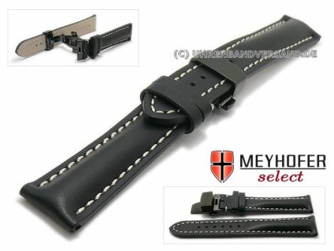 Watch strap -Rimbey- 24mm black leather butterfly clasp black light stitching by MEYHOFER (width of clasp 20 mm) - Bild vergr��ern 