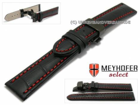 Watch strap -Brisbane- 24mm black alligator grain clasp black red stitching by MEYHOFER (width of clasp 22 mm) - Bild vergr��ern 