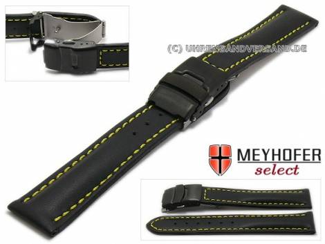 Watch strap -Tokyo- 24mm black leather smooth with black clasp yellow stitching by MEYHOFER (width of clasp 22 mm) - Bild vergr��ern 