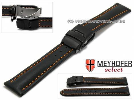 Watch strap -Tokyo- 24mm black leather smooth with black clasp orange stitching by MEYHOFER (width of clasp 22 mm) - Bild vergrern 