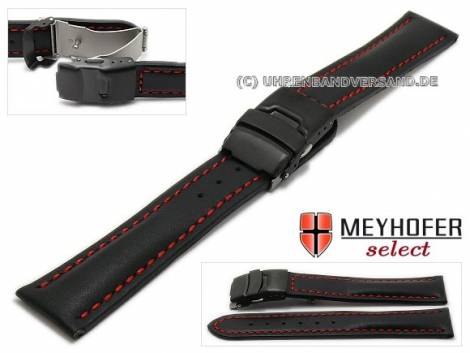 Watch strap -Tokyo- 24mm black leather smooth with black clasp red stitching by MEYHOFER (width of clasp 22 mm) - Bild vergr��ern 