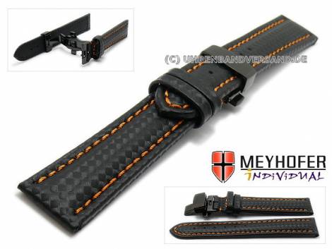 Watch strap -Nogaro- 22mm black carbon look butterfly clasp black orange stitching by MEYHOFER (width of clasp 20 mm) - Bild vergr��ern 