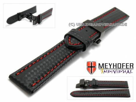 Watch strap -Nogaro- 24mm black carbon look butterfly clasp black red stitching by MEYHOFER (width of clasp 22 mm) - Bild vergr��ern 