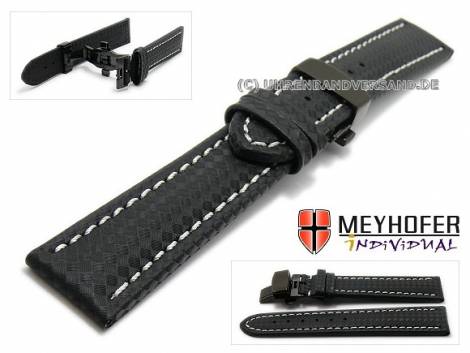 Watch strap -Nogaro- 24mm black carbon look butterfly clasp black light stitching by MEYHOFER (width of clasp 22 mm) - Bild vergr��ern 