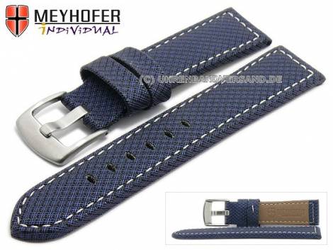 Watch strap -Riga- 22mm dark blue synthetic textile look light stitching by MEYHOFER (width of buckle 20 mm) - Bild vergr��ern 