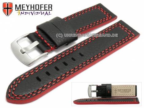 Watch strap -Dornburg- 22mm black shrunken leather grained red double stitching by MEYHOFER (width of buckle 22 mm) - Bild vergr��ern 