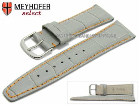 Watch strap -Savona- 22mm grey leather alligator grain orange stitching by MEYHOFER (width of buckle 20 mm) - Bild vergr��ern 