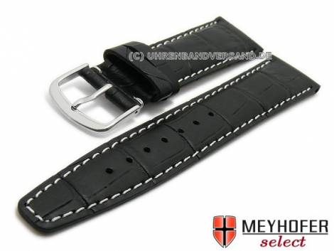 Watch strap -Savona- 22mm black leather alligator grain light stitching by MEYHOFER (width of buckle 20 mm) - Bild vergr��ern 