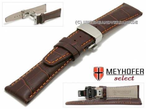 Watch strap -Volvera- 21mm dark brown leather alligator grain orange stitching clasp MEYHOFER (width of clasp 18 mm) - Bild vergr��ern 