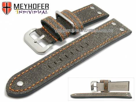 Watch strap -Ansbach- 22mm antique-black leather aviator look orange stitching by MEYHOFER (width of buckle 20 mm) - Bild vergrern 