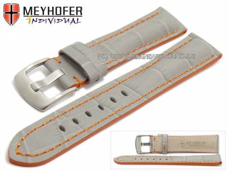 Watch strap -Estero- 17mm grey leather alligator grain orange stitching by MEYHOFER (width of buckle 16 mm) - Bild vergr��ern 